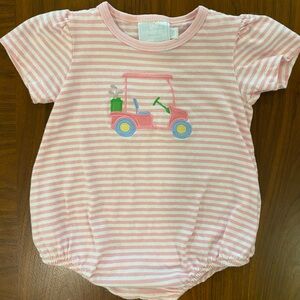 Little English 12m Pink Striped Baby Romper with Golf Cart Design Masters